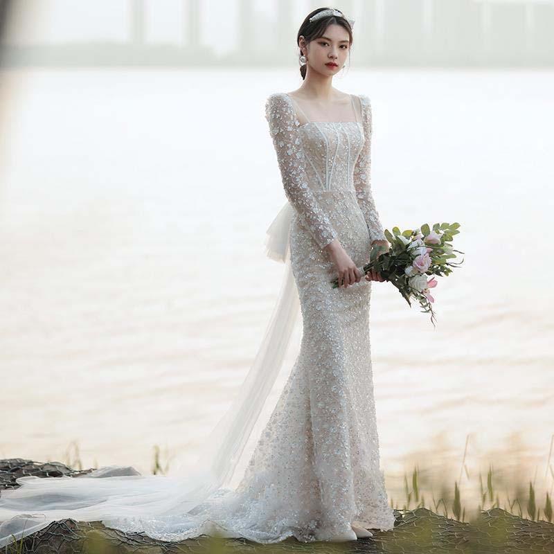 French light wedding dress 1011 new bridal temperament simple dress princess style fishtail travel photo wedding dress