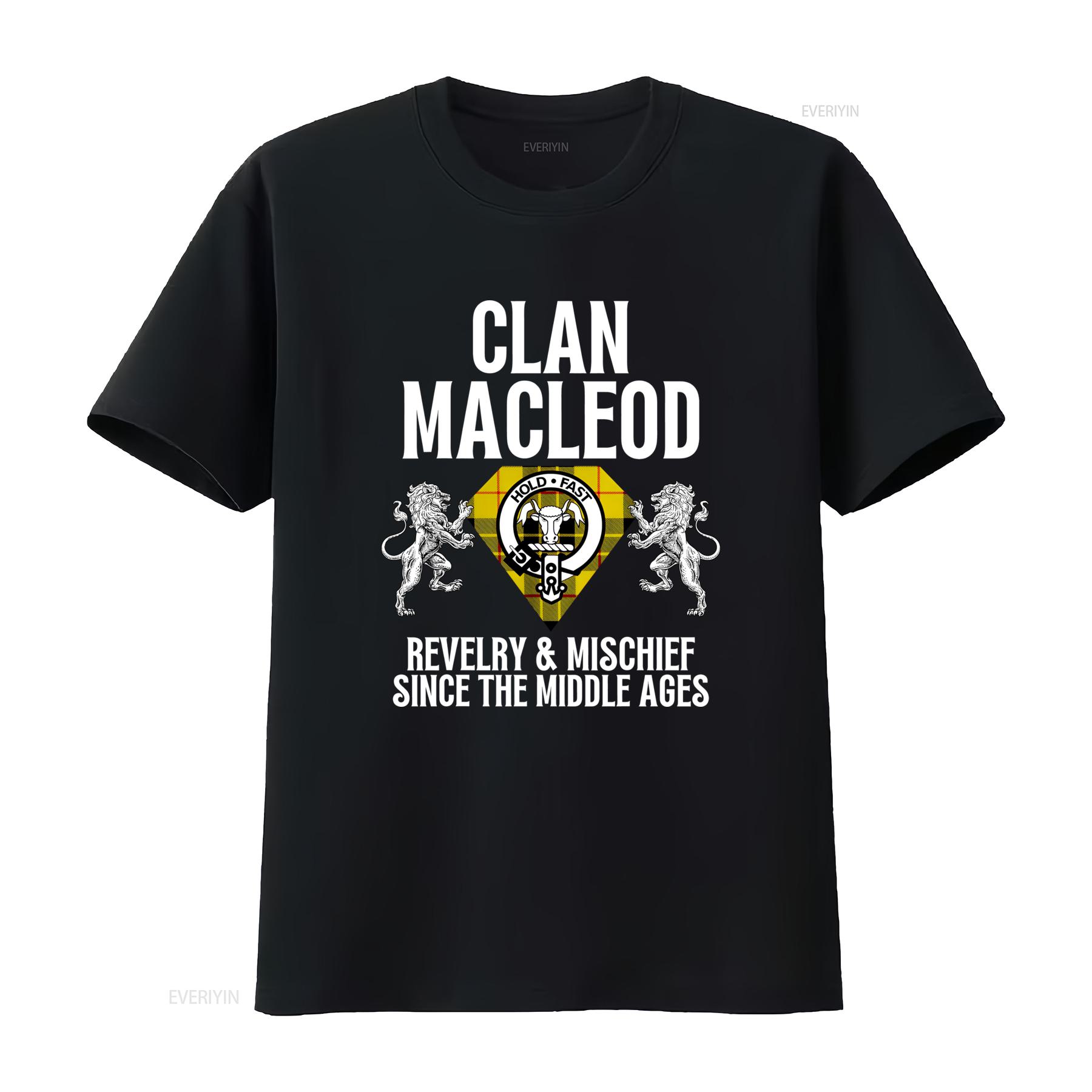 

Macleod Clan Scottish Name Coat Of Arms Tartan Family Party T Shirt Design with Lions and Hold Fast Motto for Revelry 4XL