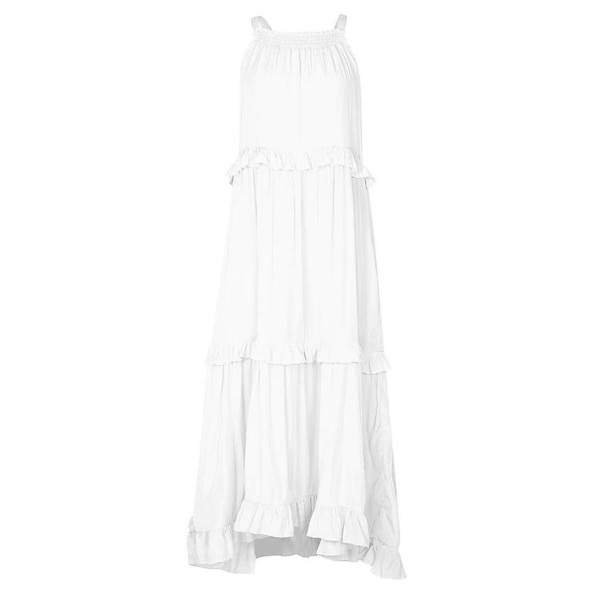 Women's Sleeveless Halter Neck Tiered Maxi Dress Ruffle Hem Loose Flowy Summer Casual Long Dress With Pockets