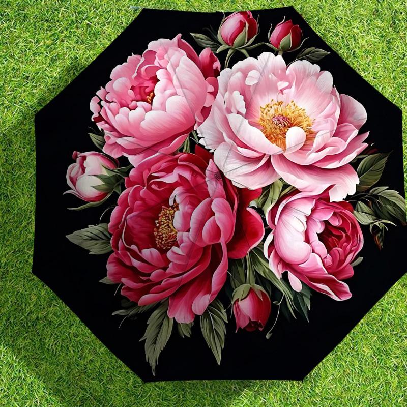1pc Peony Flowers Automatic Folding Umbrella 8 Rib Iron Frame, Compact Portable Umbrella Suitable for Travel, Daily Use, Birthday, Women & Men Gift c
