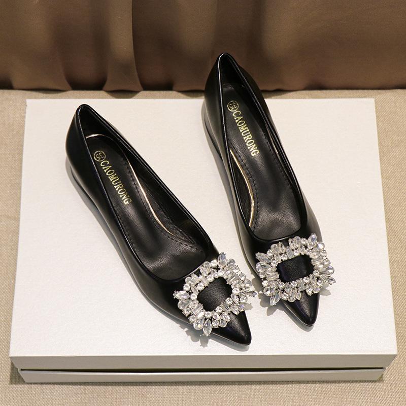 Fashion Classic Rhinestone Buckle Shoes Ladies Low Heel Office Work Tacones Mujer Wedges High Heels Pumps Women Bombas Designer Escarpin