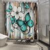 Turquoise Butterfly Digital Art Shower Curtain - Rustic Wood Background, Water-Resistant Polyester