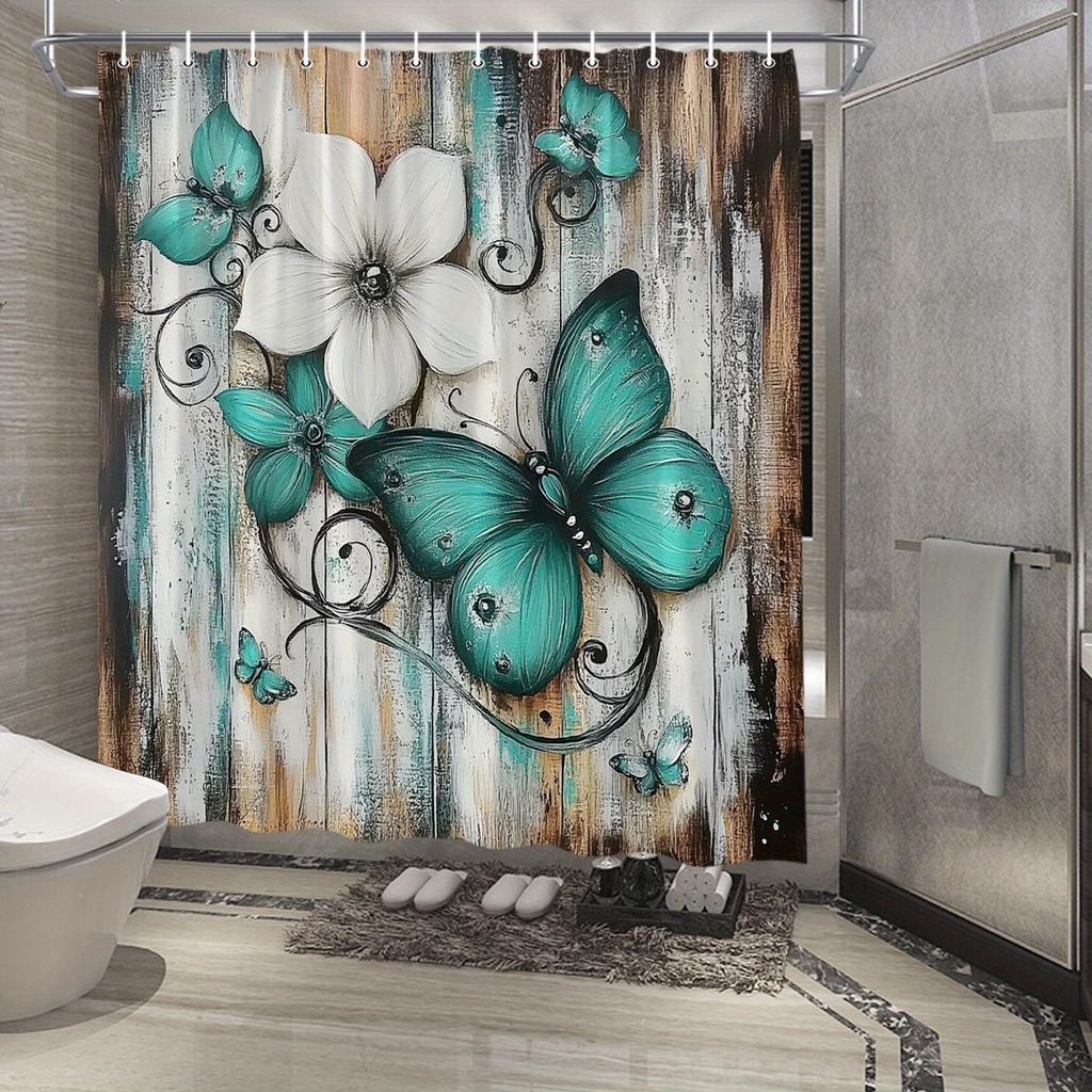 Turquoise Butterfly Digital Art Shower Curtain - Rustic Wood Background, Water-Resistant Polyester
