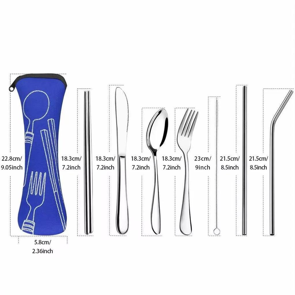 7pcs/ Set Stainless Steel Tableware Set Outdoor Portable Cloth Bag Knife Fork Spoon Chopsticks Straw Rich Flowers Seven Sets