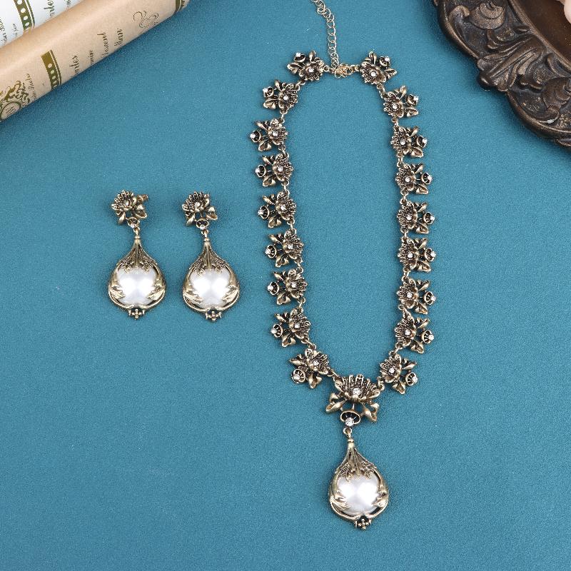 1Set Medieval Vintage Luxury Suit Earrings Zircon Flowers Pendant Pearl Retro Necklace Jewelry Gift For Women Ornament