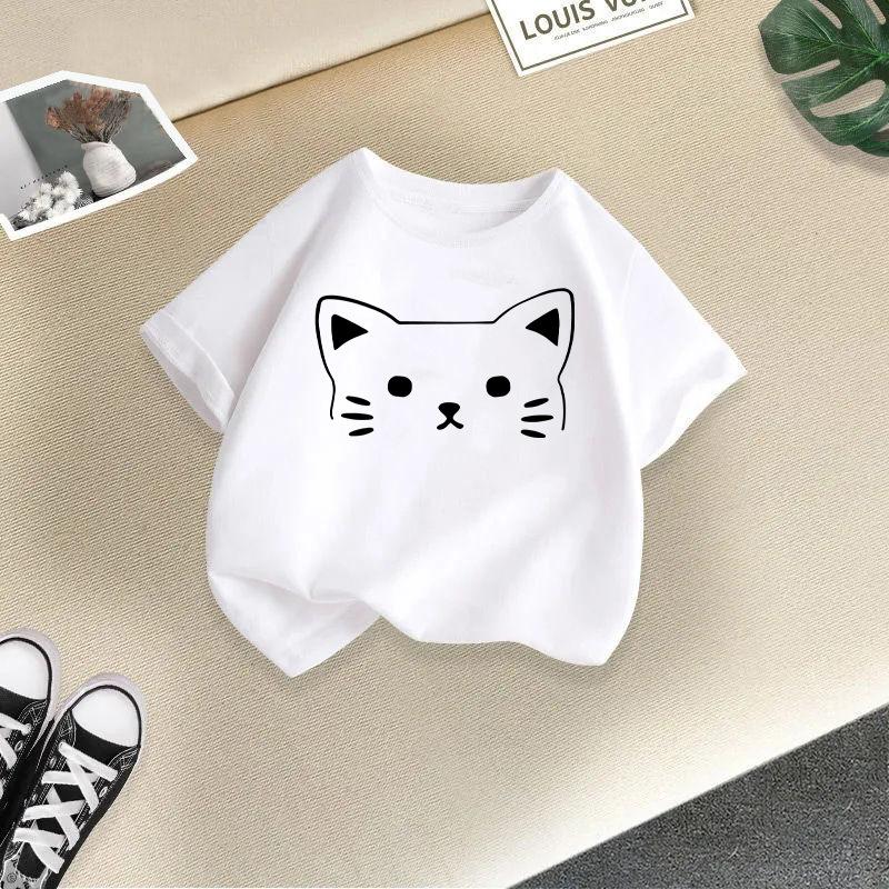 Summer Cute Cat Animal Print Round Neck Short Sleeved Tee Shirt for Boys and Girls Fashionable and Simple Children's T-shirt