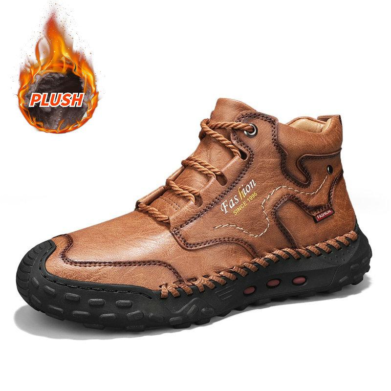 Microfiber Leather Men Boots Outdoor Non-slip High-top Hiking Shoes for Men Plush Winter Ankle Boots Men's Hand-stitched Boots