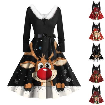 Vestido feminino vintage de manga comprida estampa de natal anos 1950 dona de casa festa à noite baile