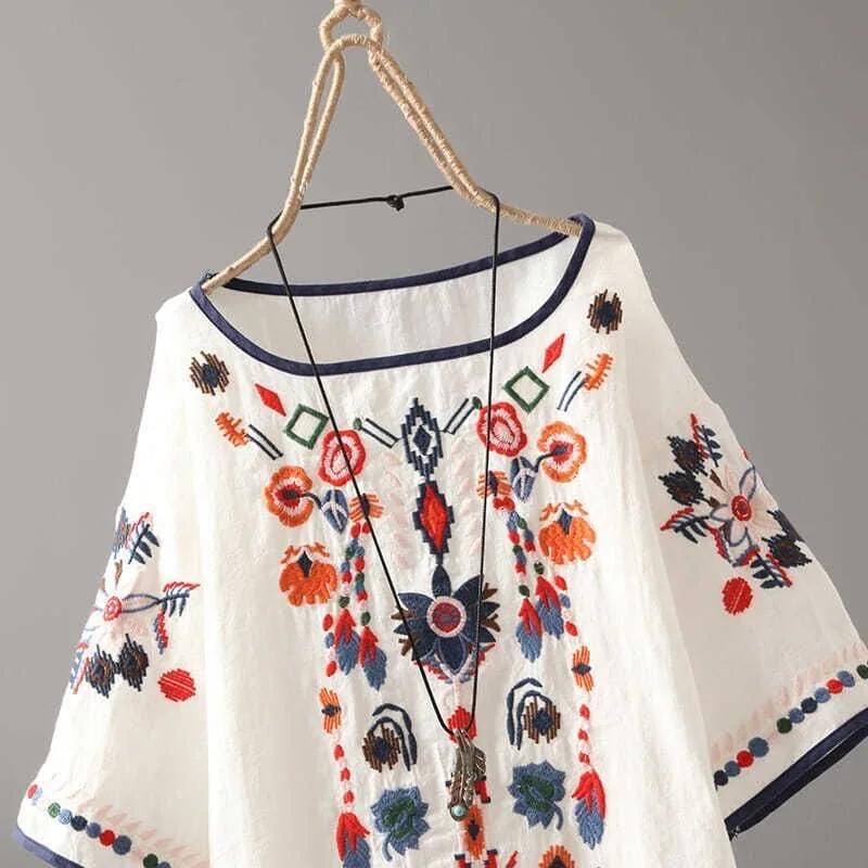 Haftowane kwiatowe koszulki damskie w stylu chińskim klasyczne luźne koszule Casual Vintage O Neck letnia bluzka z krótkim rękawem