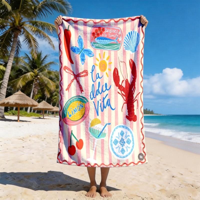 Beach Towel Lobster Lemon Cherry Seafood Print Pink Stripe Microfiber Sand Proof Quick Dry Large Swim Towel Summer Beach Pool