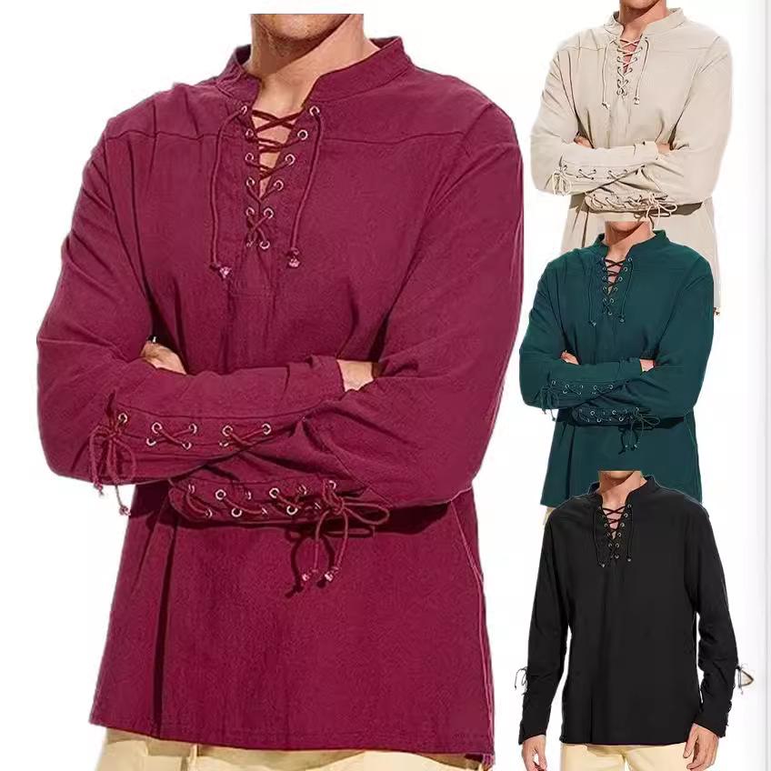 Men's 2023 Cotton Linen Long Sleeve Henley Shirt - Stand Collar, Casual Beach Style, European Size.