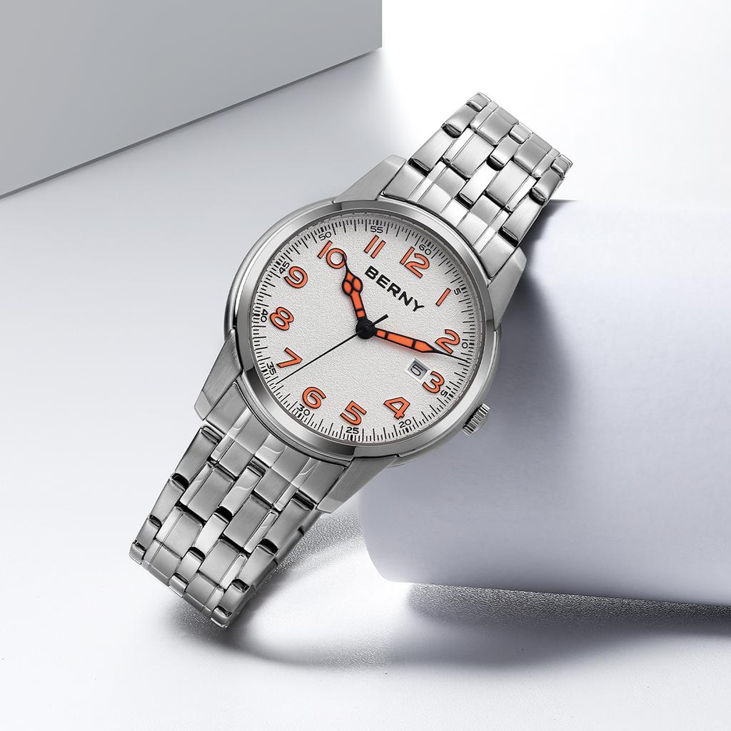 AUQ1 BERNY Watches for Men Calendar Date Luminous Quartz Watch S/S Fashion Classic Sports Easy Read Outdoor Men's Wristwatch
