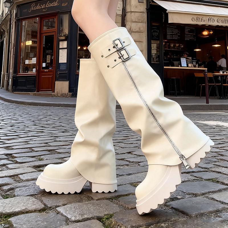 Thick-soled Tube Boots Stacking Boots Women's New Heightening Western Boots Long Boots High Knight Boots White High Heel Black