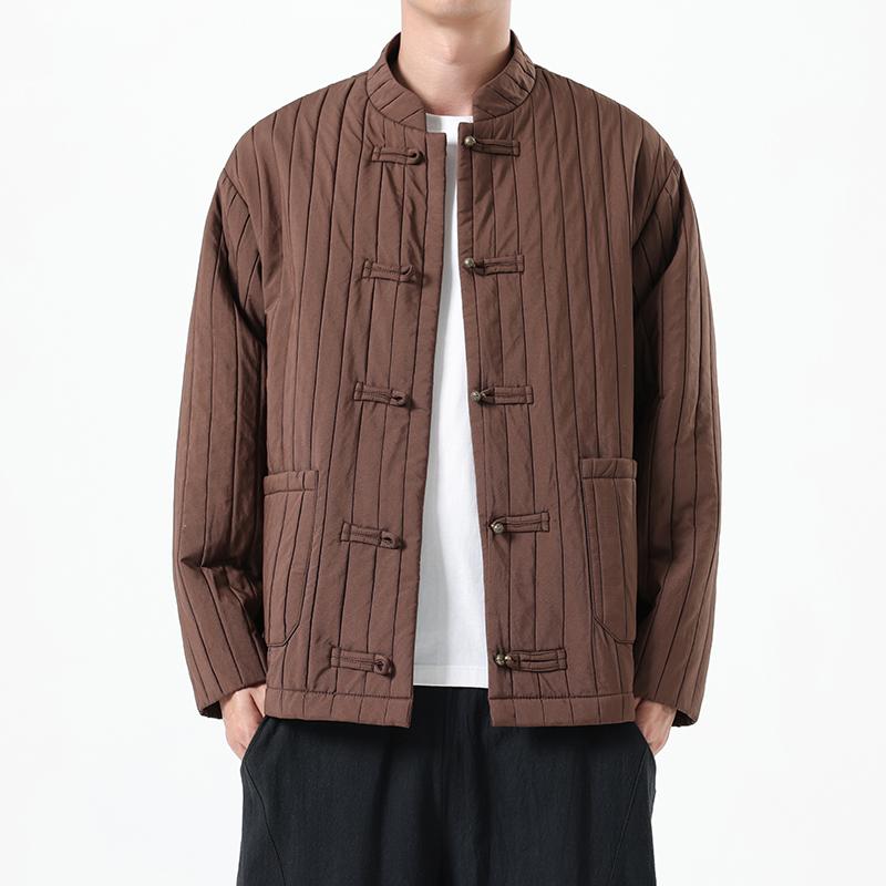 Autumn Men New Chinese Style Jackets Men Thick Warm Soild Color Coat Male Vintage Stripe Black Jacket Man Tang Costume Hanfu