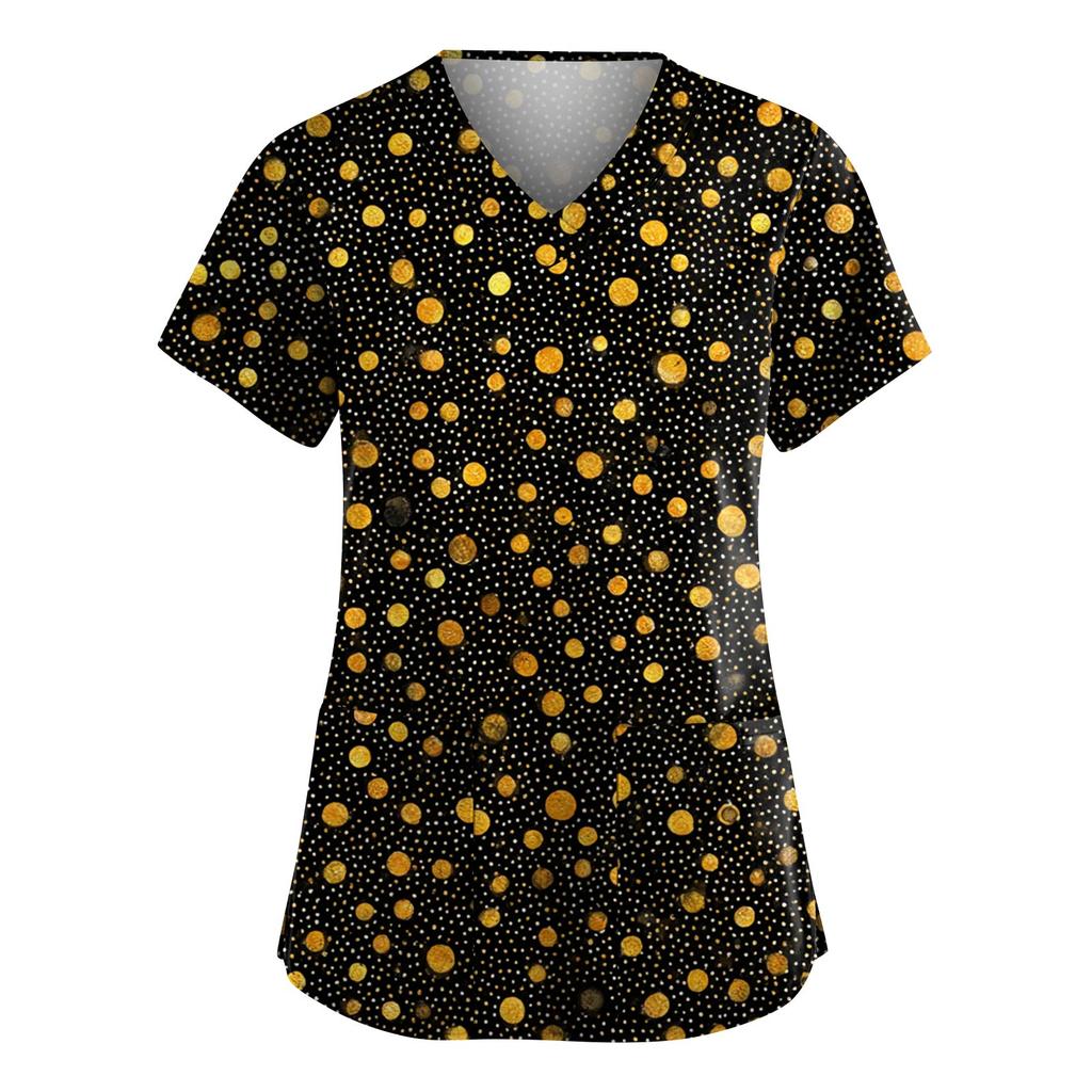 Women's Fashion V-Neck Short-Sleeved Workwear With Pockets Carnival Print Top Caregiver Uniform