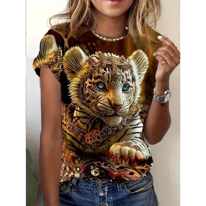 Fashion Women's Crew Neck Short Sleeve 3D Animal Color Printing Animal Short Sleeve Crew Neck T-Shirt