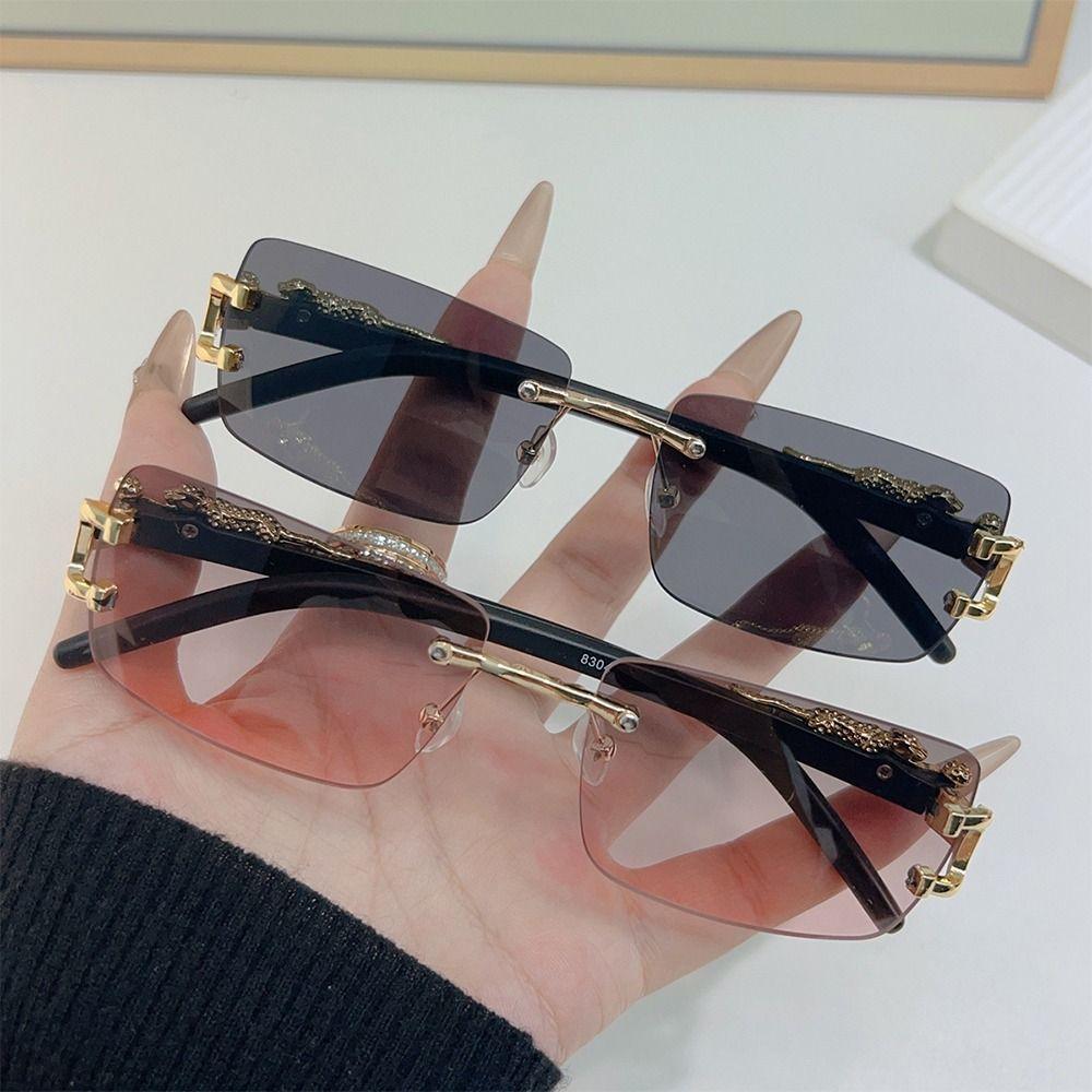Leopard Decor Rectangular Sunglasses Cut-Edge Metal Frame Rimless Shades UV400 Protection Frameless Eyewear for Women & Men