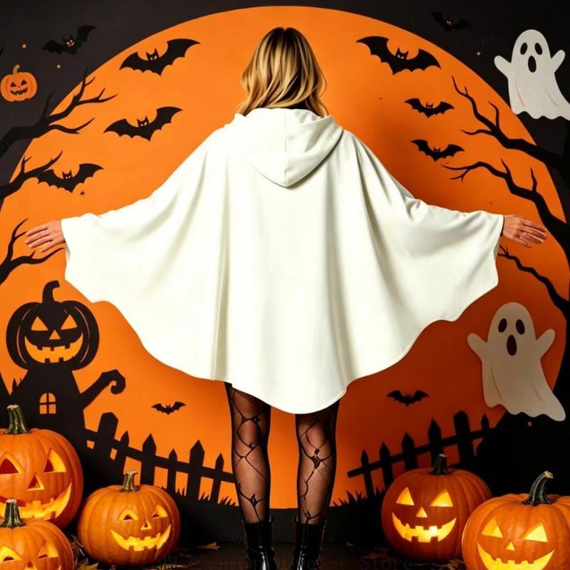 Single Piece Ghostly Costume for Halloween Party Wear, White Hooded Capes Outfit for Teens Adults Costume D0UB