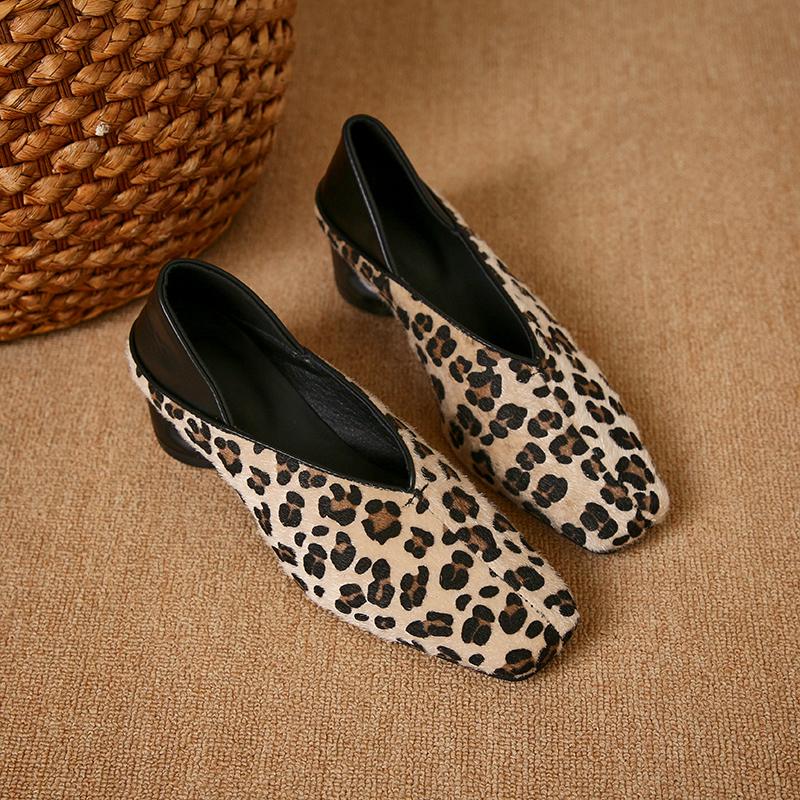 Fashion Women's Soft Suede Glove Shoes Spring Shoes for Women Square Toe Leopard Print High Heels Slip-On Comfortable Nude Mocha