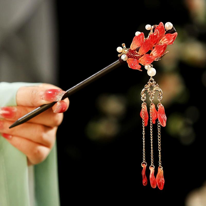 1 Stück Glas Fisch Haarnadel Antiker Kopfschmuck Sandelholz Haarnadel Frische Blütenblatt Haarnadel Neuer Chinesischer Stil Blütenblatt Quaste Haarnadel