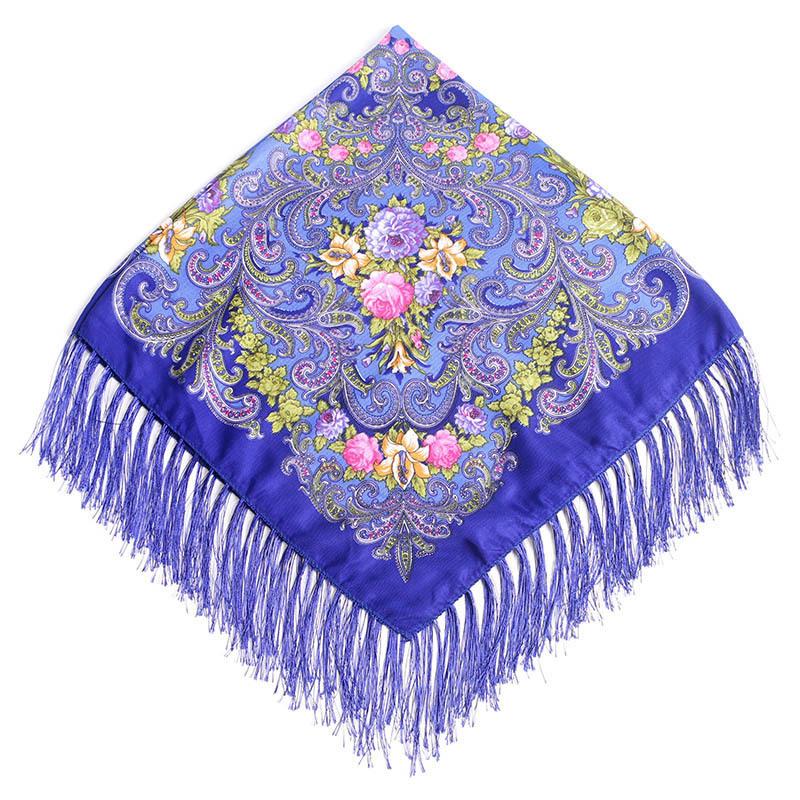 90*90cm Women Russian National Square Scarf Luxury Floral Print Russian Shawls Scarves Female Retro Fringed Foulard Wraps