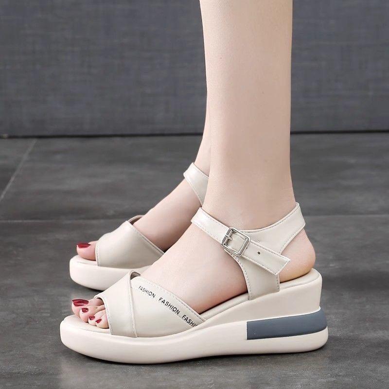 

Soft Leather Sandals, Summer Roman Sandals, Wedge Heels, Platform Soles, Versatile Open-toe Mid-heel Women s Sandals 40 білий