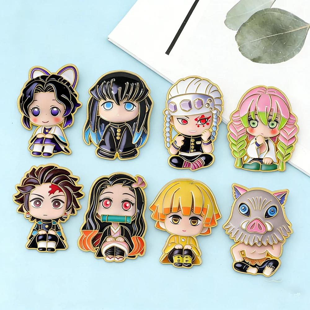 8Pcs Cute Demon Slayer Brooch Badge Anime Cosplay Chibi Character Tanjiro Nezuko Shinobu Giyuu Rengoku Enamel Lapel Pins Gift