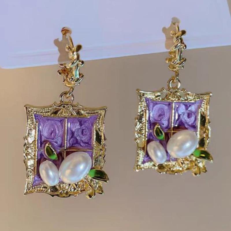 Baroque Purple Flower Pearl Tassel Earrings - Elegant Retro Ear Ornaments for Women