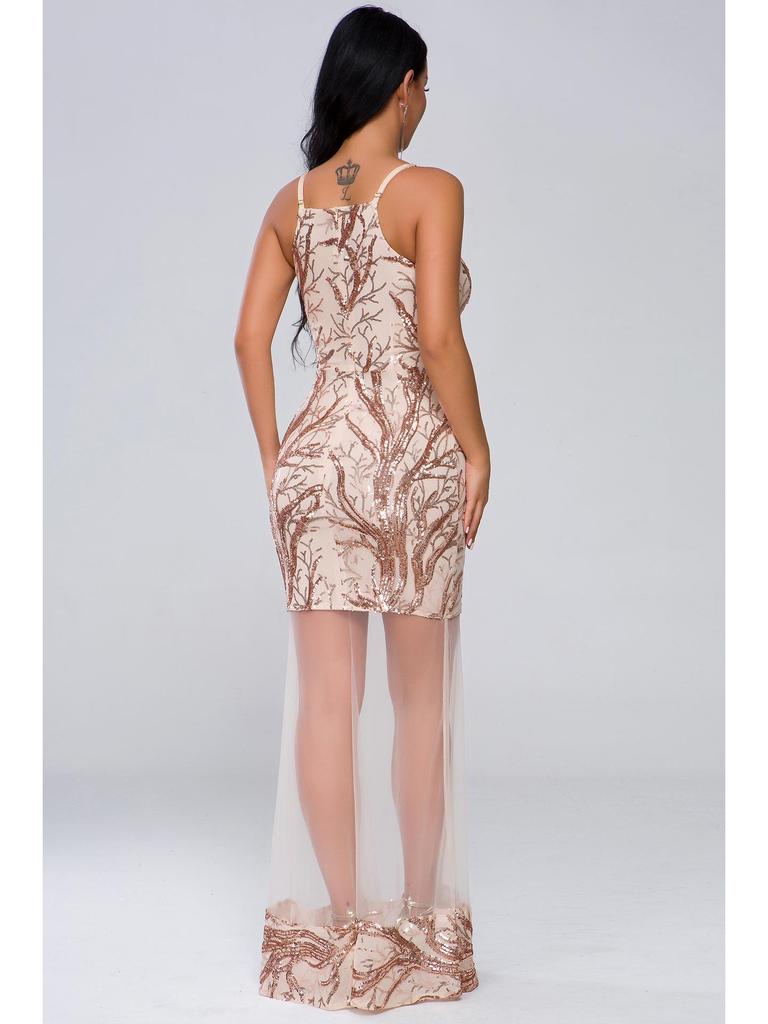 Elegant Sequin V-Neck Backless Mesh Evening Dress