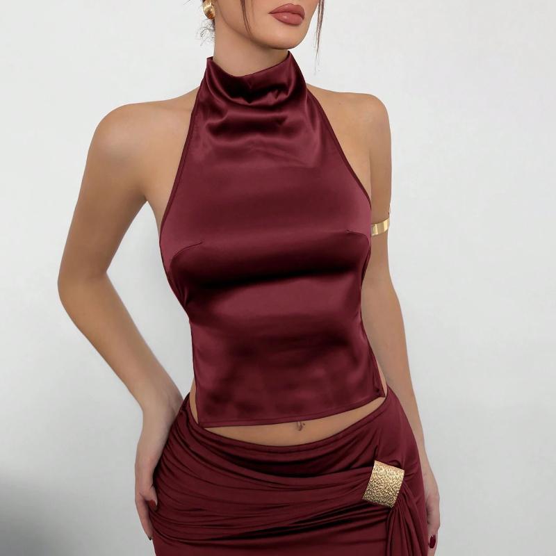 

Европейский и американский сексуальный топ без спины с вырезом на шее, облегающий, однотонный, с открытыми плечами L бордовый