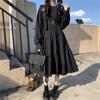 Japanese Sweet Lolita Dress Long-Sleeve Plus-Size High-Waisted Black Midi Dress Tummy-Control Pleated Swing A-line Skirt