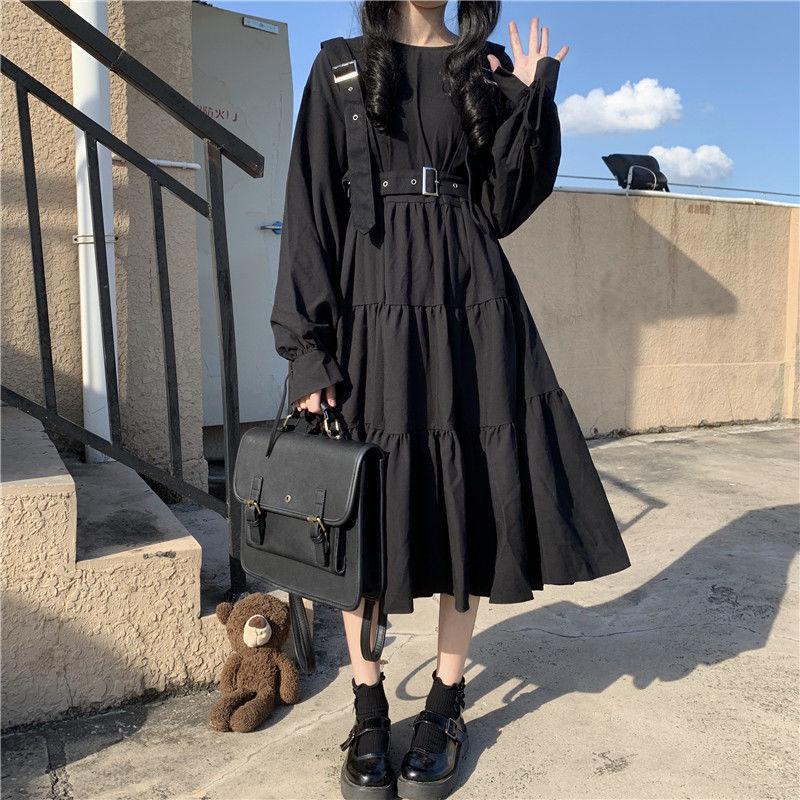 Japanese Sweet Lolita Dress Long-Sleeve Plus-Size High-Waisted Black Midi Dress Tummy-Control Pleated Swing A-line Skirt