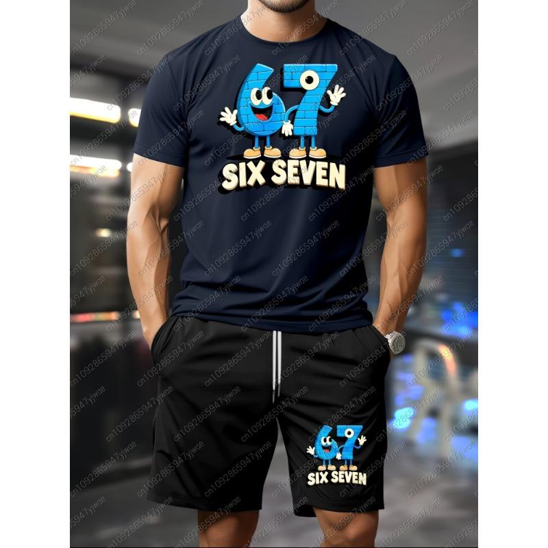 

2026 Summer Men 2pcs Set Mens Six Seven 67 Pattern No Denim T-Shirt Shorts Set Adult Men Jogging Plus Size Tracksuit 2 Piece Set S