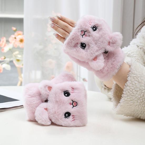 1 Pair Women Plush Rabbit Fingerless Gloves Warm Thick Winter Convertible Flip Top Cartoon Bunny Gloves Outdoor Cold Weather Half Finger Mittens