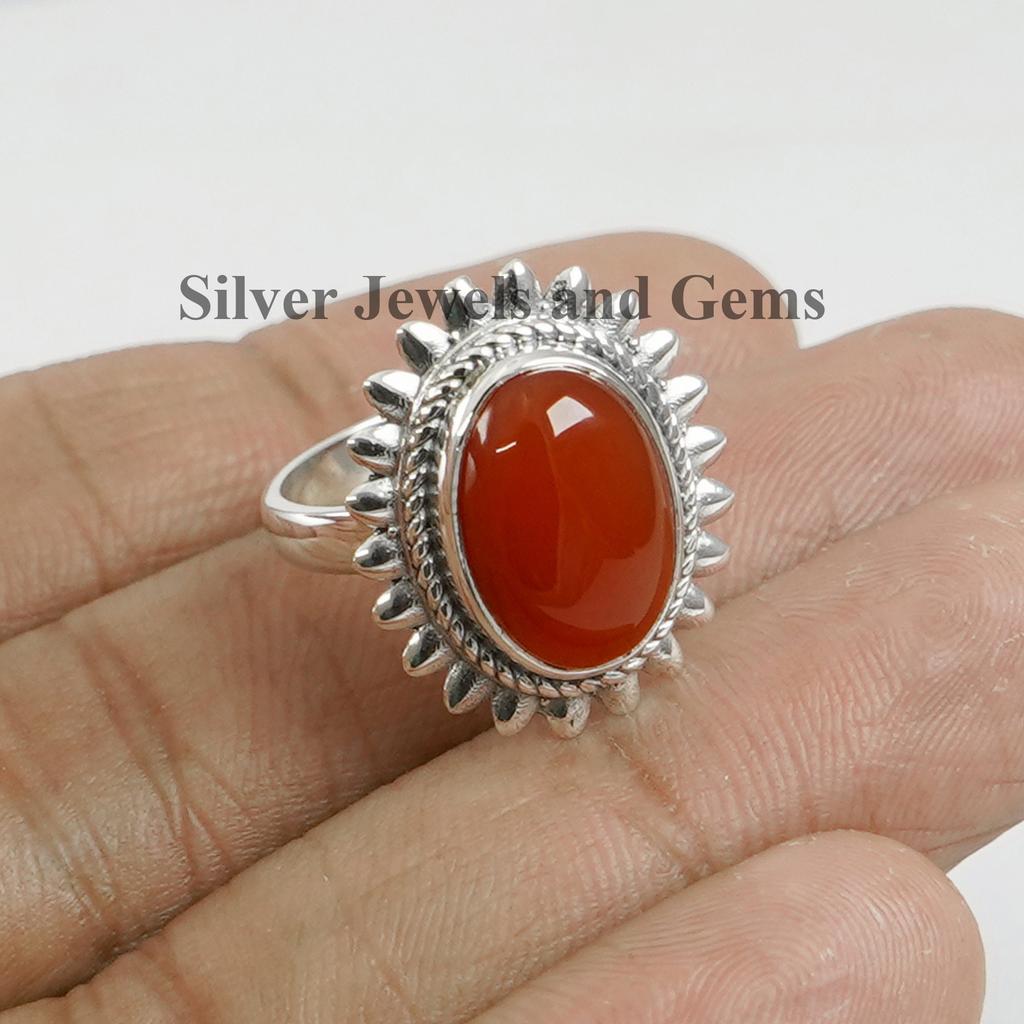 Carnelian Ring, 925 Sterling Silver Ring, Natural Gemstone Ring, Gift for Her, Anniversary Ring, Oval Sun Design Ring, Red Stone Ring
