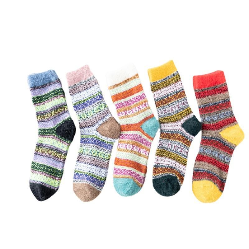 5 Pairs of Female Autumn and Winter Imitation Mink Wool Thick Warm Ethnic Rabbit Wool Tube Socks