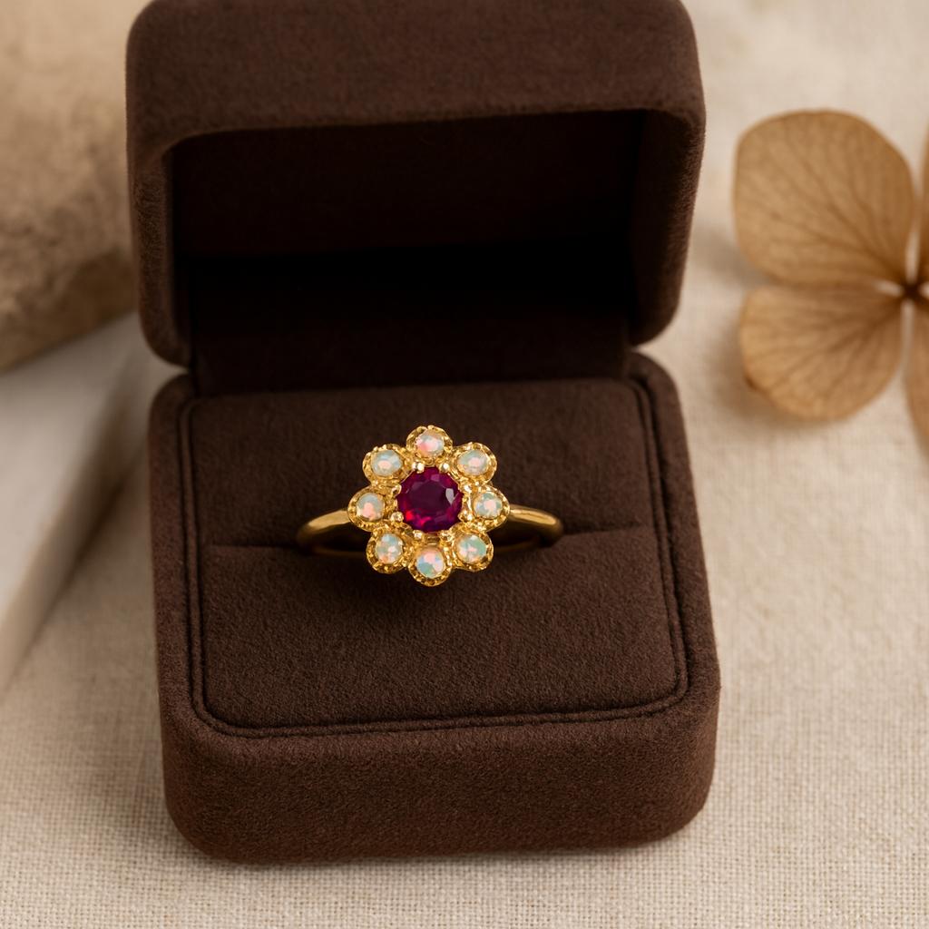 Wedding Engagement Anniversary Promise Gift – Red Ruby & White Opal Ring, Handmade Art Deco July Birthstone Gemstone Bridal Jewelry