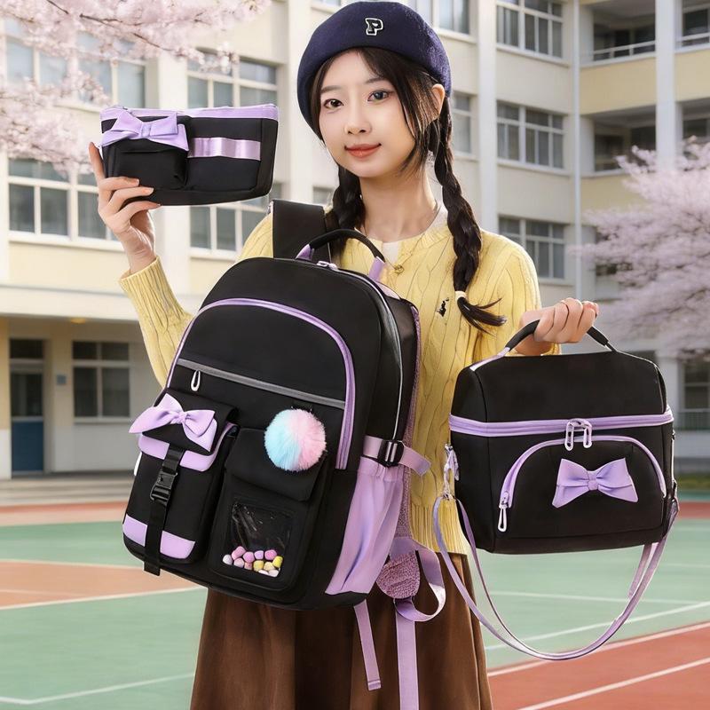 New 3pcs Lightweight Portable Primary School Bags Cute Cartoon Bow Book Bags for Grades 1-6 Large Capacity Pupil Double Shoulder Bag Student Backpacks