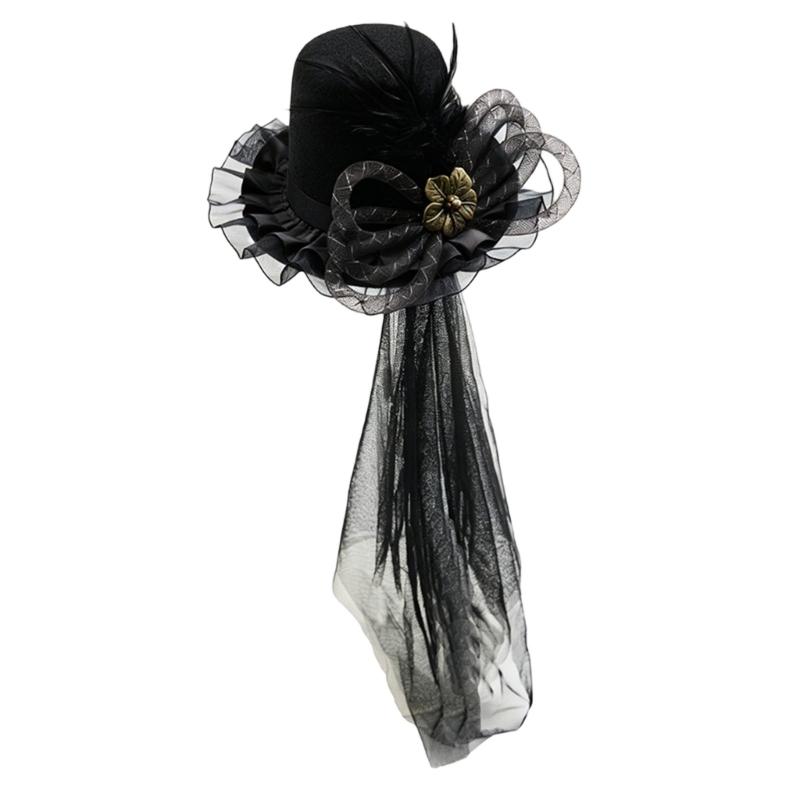 A52E Gothic Fascinator Hat Flower Bowknot Dark Elegant Ribbon Top Hat Photo Props