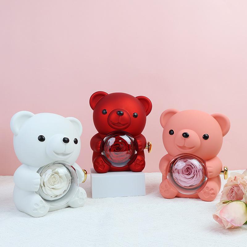Scatola regalo di San Valentino: Orsacchiotto con Rose Stabilizzate e Scatola Portagioie ad Anello