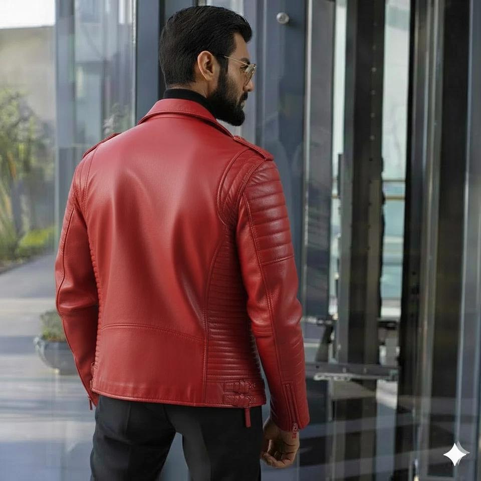 Stylish Causal Red Men's Handmade Jacket Real Lambskin Leather Motorcycle Biker