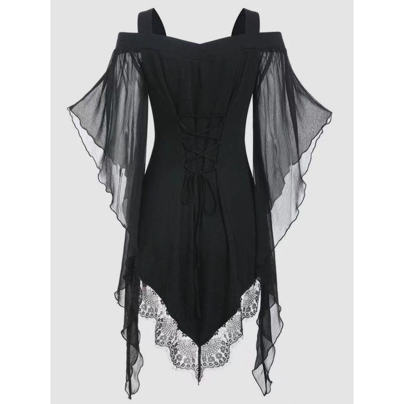 Autumn New Women Clothes Gothic Big Hemline Sleeve Irregular Patchwork Lace Witch Sling Lace Up Dress
