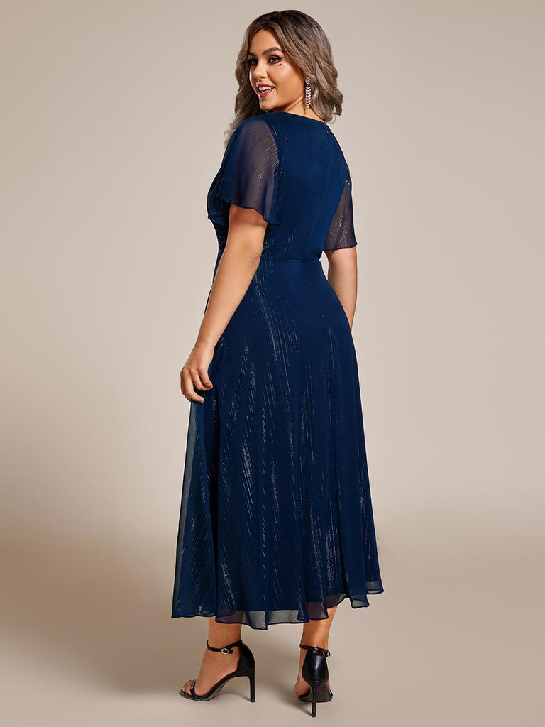 Ever-Pretty Women's Plus Size Shimmer Short Sleeve A-Line Midi Wedding Guest Dress with Ruffled Hem