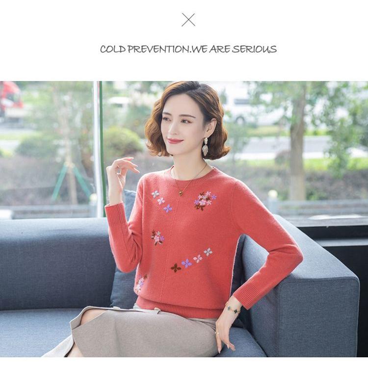 Spring Autumn Women's Crewneck Sweater Embroidered Loose Plus Size Knitwear Pullover Stretch Knit Top