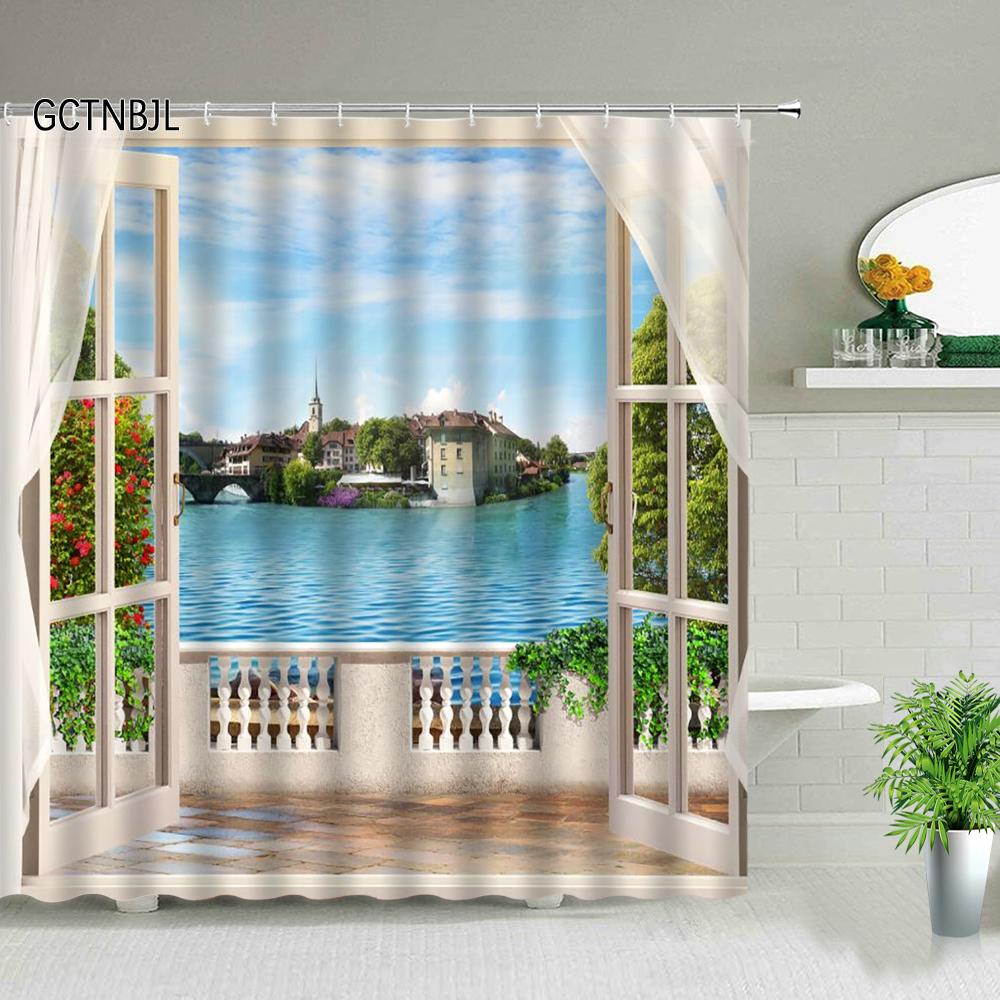 Ocean Scenery Shower Curtains Ldyllic Building Flower Plant Spring Landscape Bathroom Curtain Waterproof Fabric Bathtub Screen