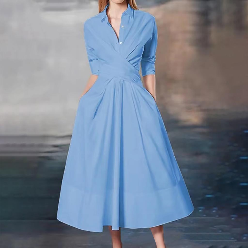 Women's High Waisted Slim Tie Up POLO Collar Temperament Commuting Solid Color Dress