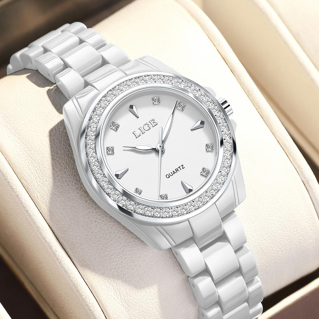 LIGE Women's Watch New Ceramic Elegant Quartz Watch Fashion Waterproof Luminous Clock Women's Wristwatch Montre Femme+BOX