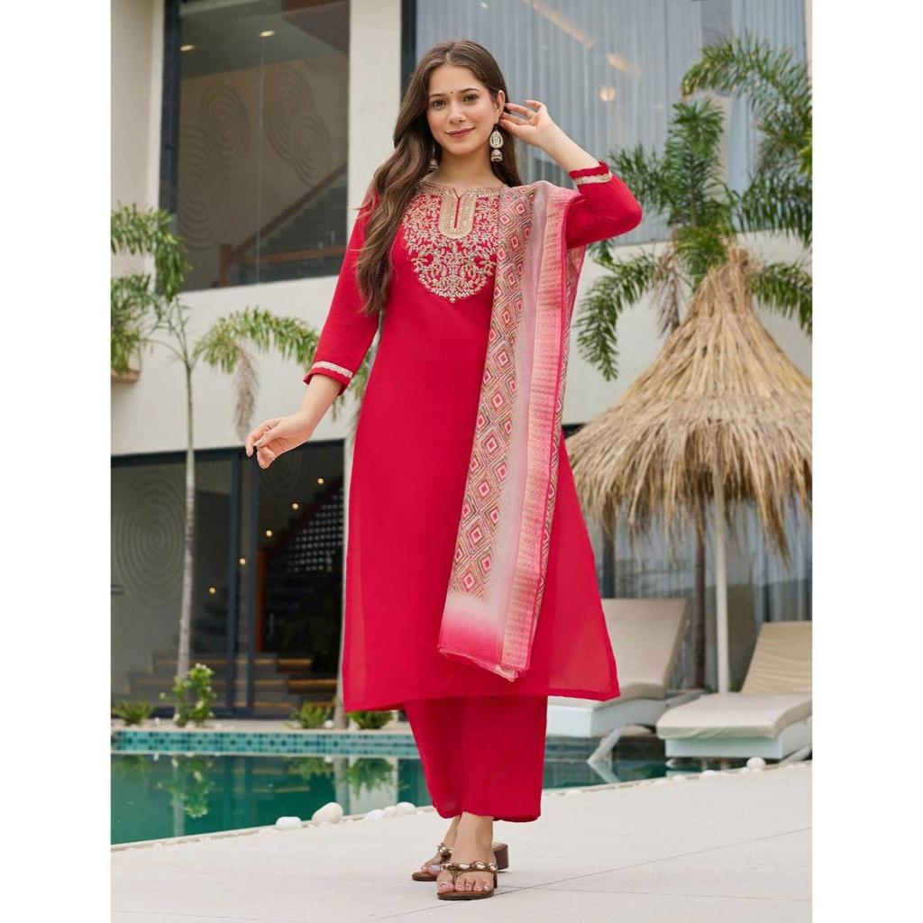Women's Rayon Slub Embroidered Straight Kurta with Pant And Dupatta Sets