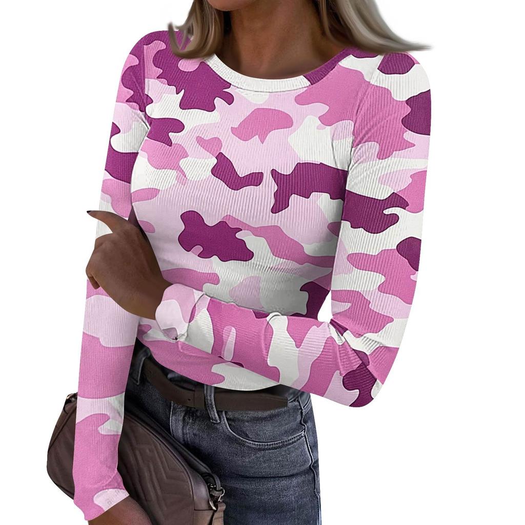 Dámské A Zimní Slim Spodní Tričko Módní Ležérní Gradientní Potisk Kulatý Výstřih Pulovr Dlouhý Rukáv Top