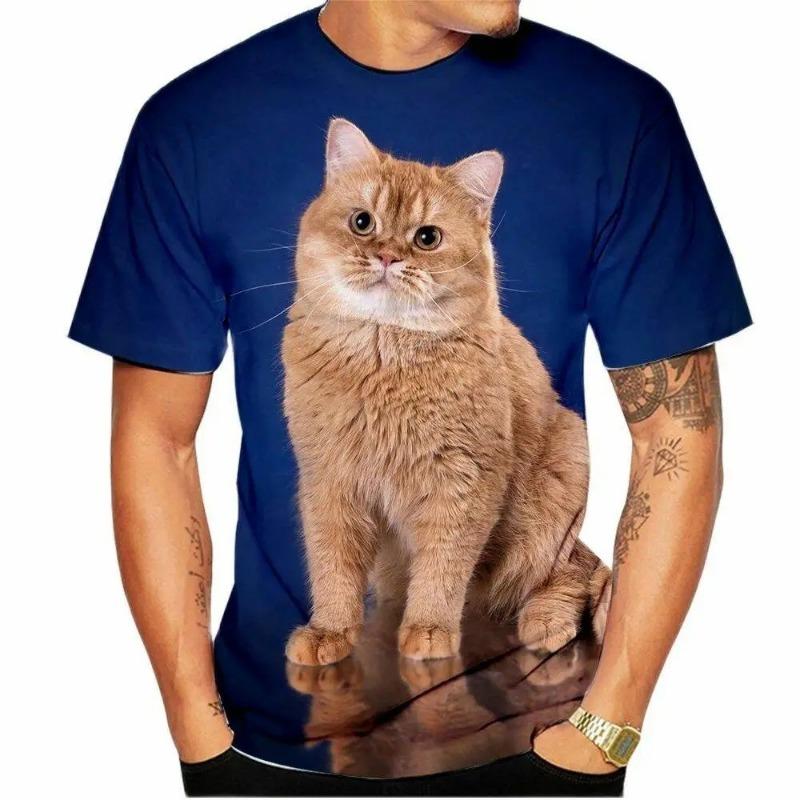Cute Cat Pattern 3D Printed Adult Round Neck Fun Pet Unisex Short Sleeved T-shirt